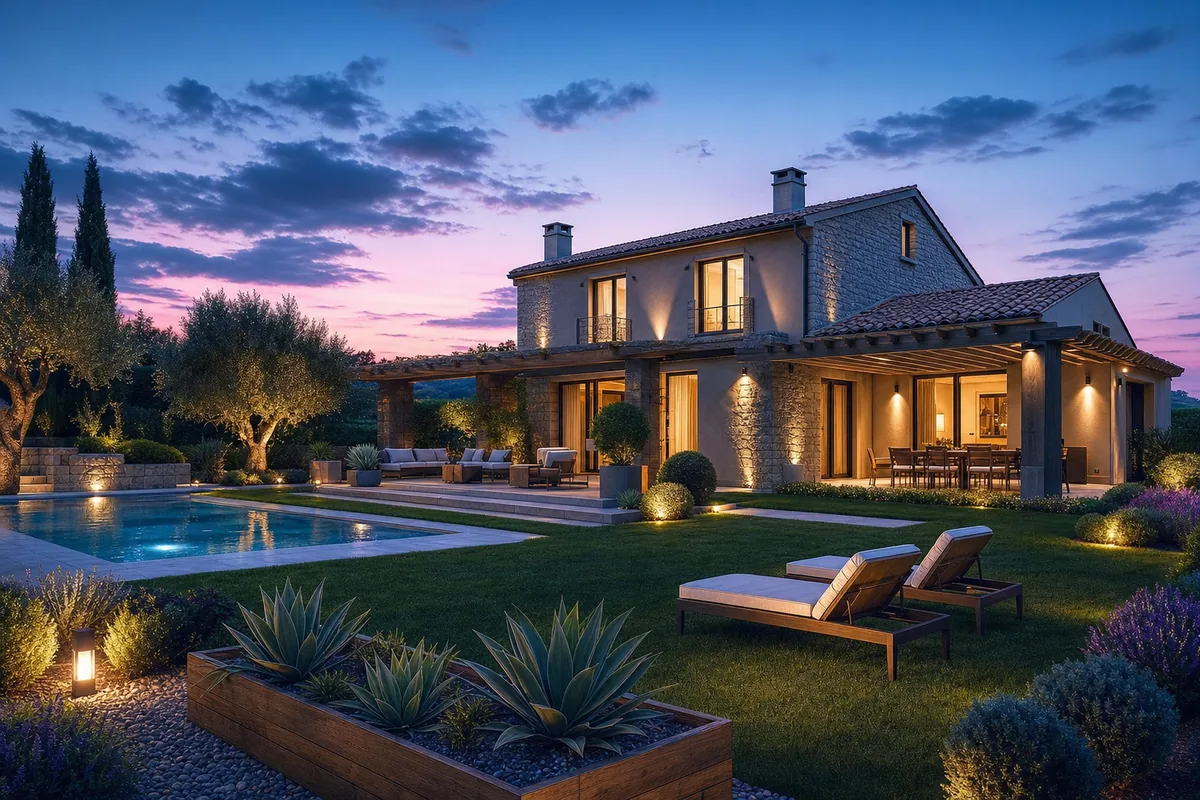 Concept Modena: rendering di villa con loggiato, tetto a falde e piscina nel giardino