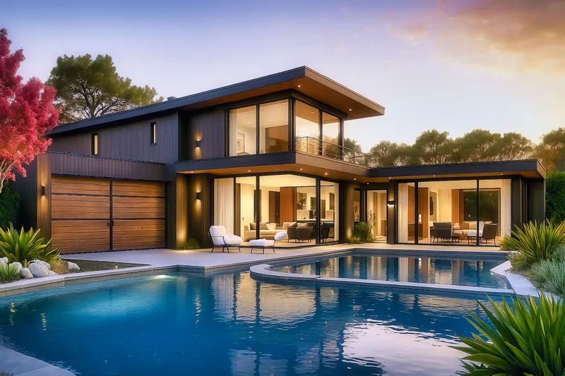 Concept Nevada: rendering di villa contemporanea a due piani con ampie vetrate e piscina